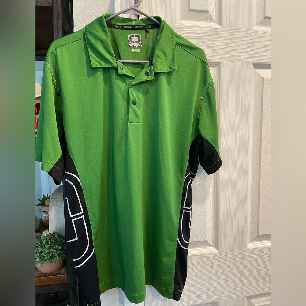 Ogio Sidebar Golf Sports Polo Green black large logo on sides Quick dry Men’s Lg